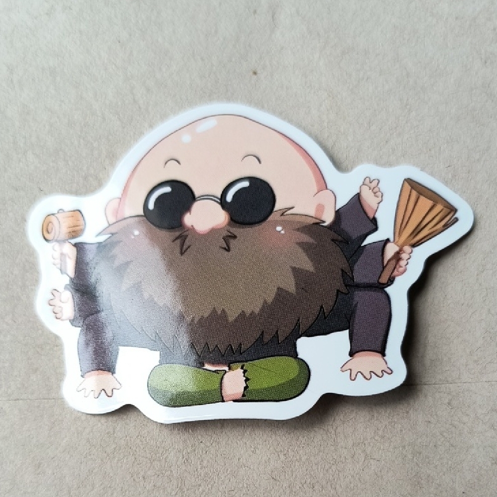 Bearded Monk Cartoon Vinyl Sticker — Green & Black Studio Ghibli